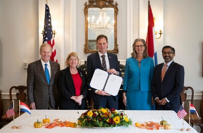 NASA Administrator Bill Nelson, left, NASA Deputy Administrator Pam Melroy, Harm van de Wetering, director of the Netherlands Space Office, Ambassador of the Netherlands to the United States Birgitta Tazelaar, and Chiragh Parikh, executive secretary of the National Space Council, pose for a picture after the signing of the Artemis Accords, Wednesday, Nov. 1, 2023, at the Dutch Ambassador’s Residence in Washington. Netherlands is the 31st country to sign the Artemis Accords, which establish a practical set of principles to guide space exploration cooperation among nations participating in NASA’s Artemis program. Photo Credit: NASA/Joel Kowsky