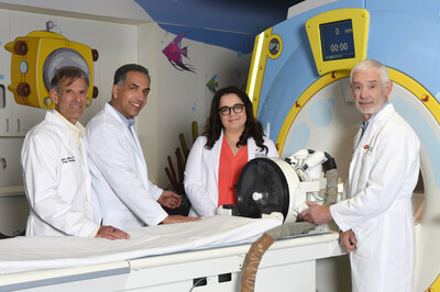 The clinical trial care team at Nicklaus Children’s includes (from left) Dr. Nolan Altman, Chief, Department of Radiology; Dr. Ziad Khatib, Interim Medical Director, Nicklaus Children’s Cancer and Blood Disorders Institute; Dr. Toba Niazi, Co-Medical Director of Nicklaus Children’s Brain Institute; Dr. John Ragheb, Chief, Department of Surgery.