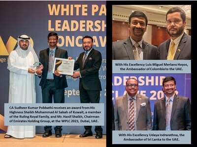 CA Sudheer Kumar Pobbathi receives an award from His Highness Sheikh Mohammad Al Sabah of Kuwait, a member of the Ruling Royal Family, and Mr. Hanif Shaikh, Chairman of Emirates Holding Group, at the WPLC 2023, Dubai, UAE.