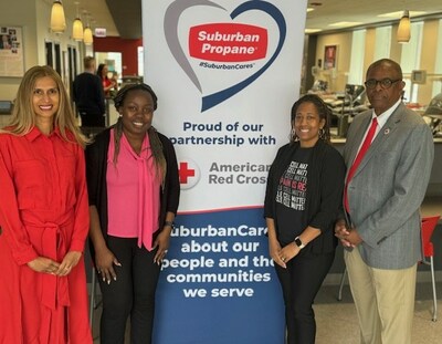 In the photo L-R: Nandini Sankara, Spokesperson, Suburban Propane; Beverly Chukwudozie, a sickle cell patient; TaLana Hughes, Executive Director of the Sickle Cell Disease Association of Illinois (SCDAI); Mark Thomas, the interim CEO of the Red Cross of Illinois, speak at the Chicago blood drive promoting sickle cell disease awareness. The effort is part of Suburban Propane’s SuburbanCares® initiative in communities across the nation. (Photo courtesy of Suburban Propane).