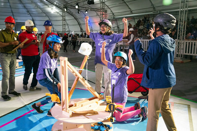 SAN JOSE, CA - Students in grades 4-5 from Faria (William) Elementary School in Cupertino, CA celebrate a successful launch at The Tech Challenge on Saturday, April 27, 2024.  This enthusiastic team, The 5 knights at space, won award for Outstanding Engineering Design Process, presented by Arm.