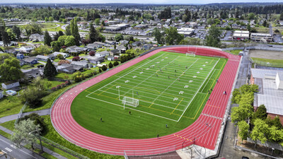 Giaudrone Middle School in Tacoma Public Schools is a community favorite when it comes to soccer and football especially with the Matrix Helix® synthetic turf installed by Hellas. Not only does the field dry quicker with soteria pads by SafePlay LLC providing superior drainage and shock absorption, but the Elia Renufill® organic infill keeps field conditions safer and cooler.